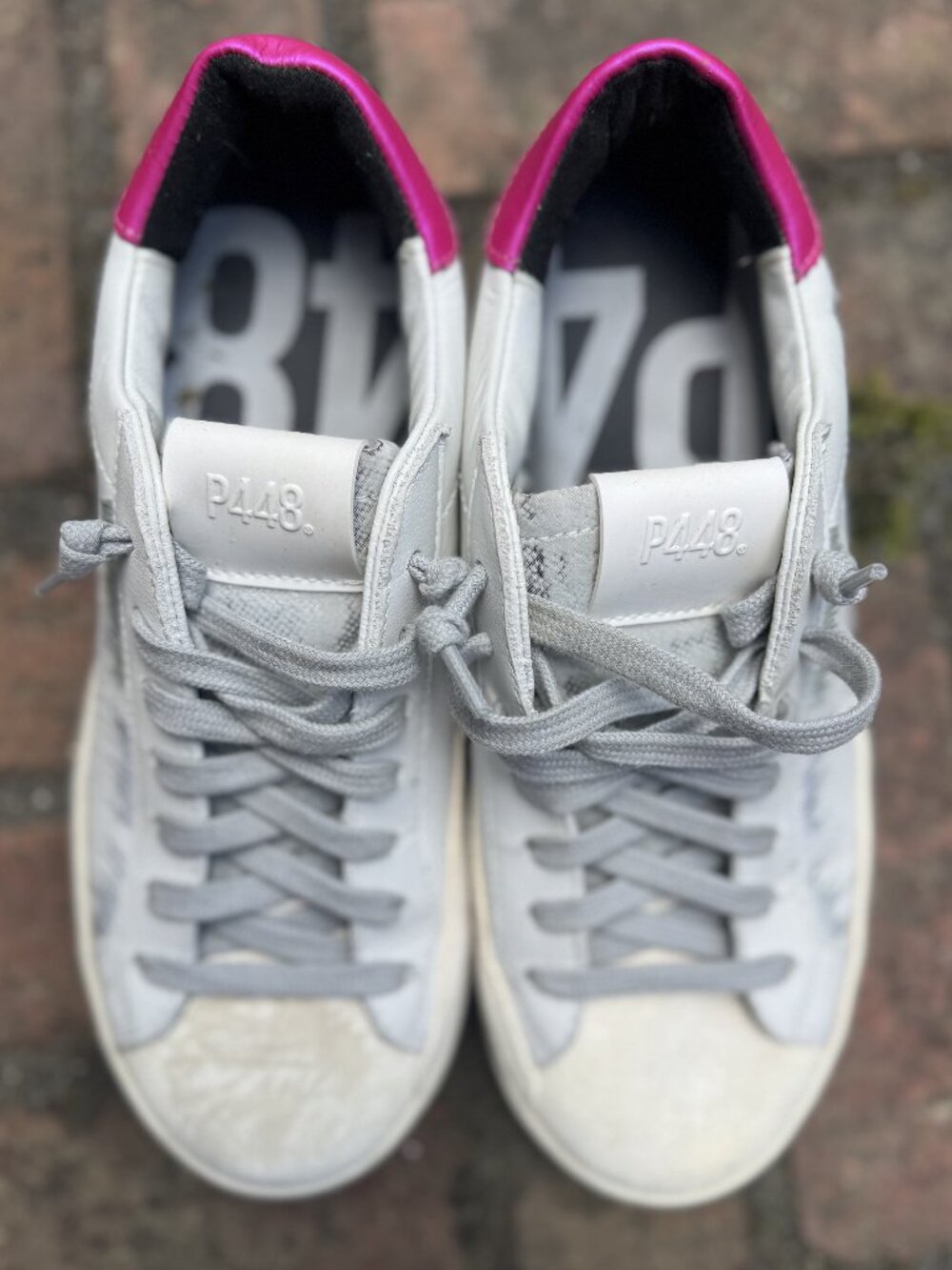 P448 White Leather Pink Heel Sneakers Size 35 Suede Toe